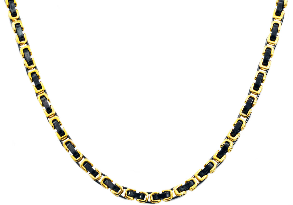 Mens 4mm Gold And Black Stainless Steel Byzantine Link Chain Necklace