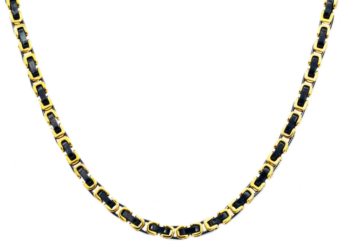 Mens 4mm Gold And Black Stainless Steel Byzantine Link Chain Necklace