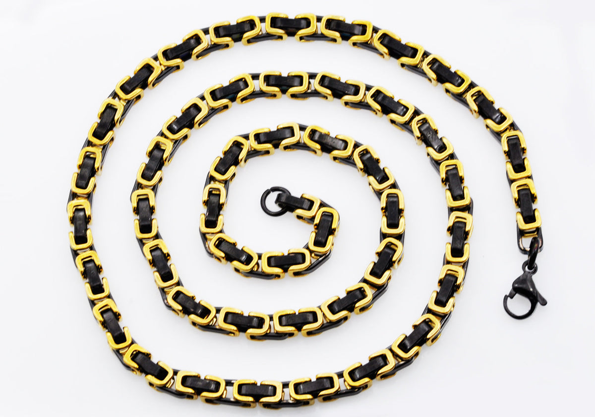 Mens 4mm Gold And Black Stainless Steel Byzantine Link Chain Necklace