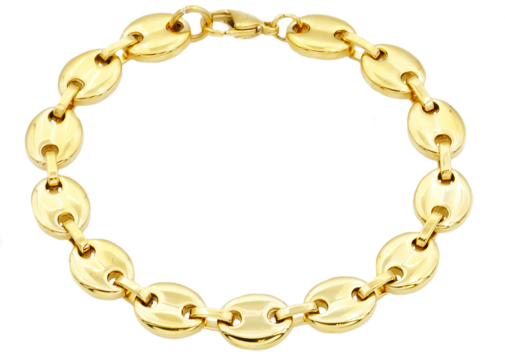 Mens Gold Stainless Steel Puff Mariner Link Chain Bracelet
