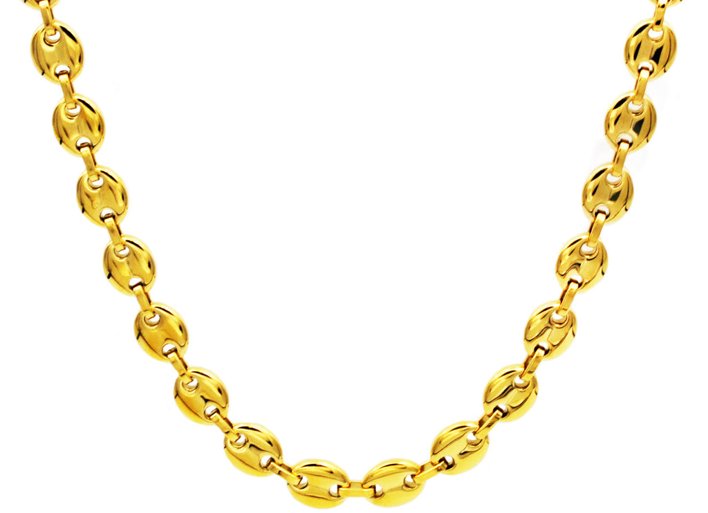Mens Gold Stainless Steel Puff Mariner Link Chain Necklace