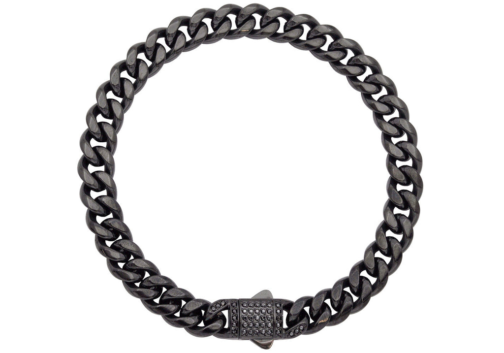 Men's 8mm Black Stainless Steel Miami Cuban Link Chain Bracelet With Black CZ Clasp