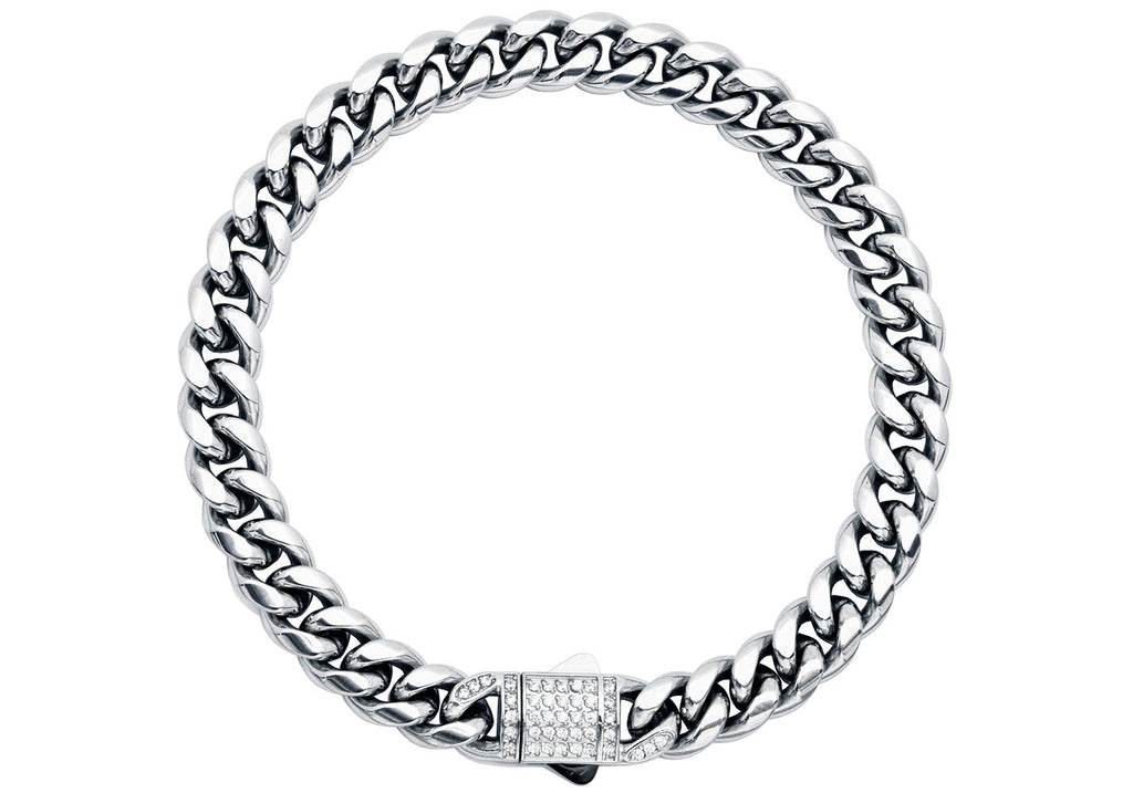 Men's 8mm Stainless Steel Miami Cuban Link Chain Bracelet With CZ Box Clasp