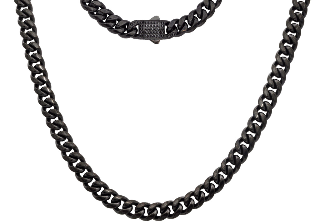 Men's 8mm Black Stainless Steel Miami Cuban Link Chain Necklace With Black CZ Box Clasp
