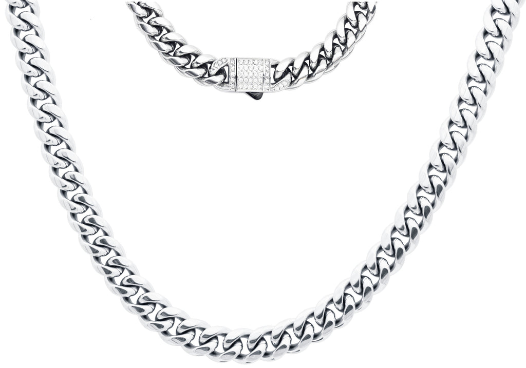 Men's 8mm Stainless Steel Miami Cuban Link Chain Necklace With CZ Box Clasp
