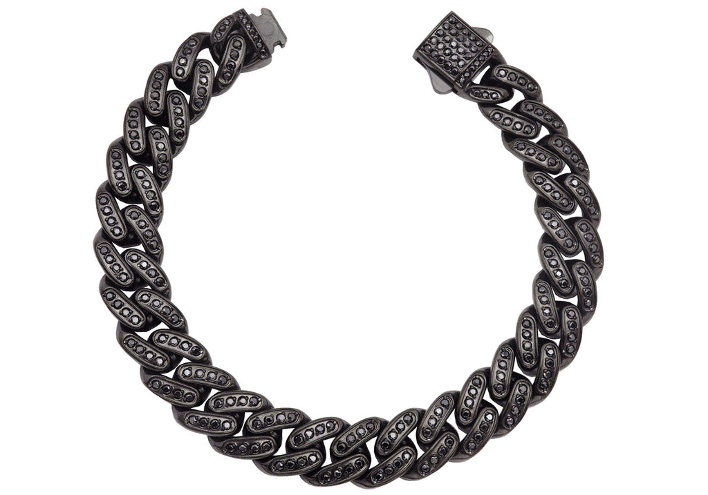 Men's 12mm Black Plated Stainless Steel Iced Out Miami Cuban Link Chain Bracelet