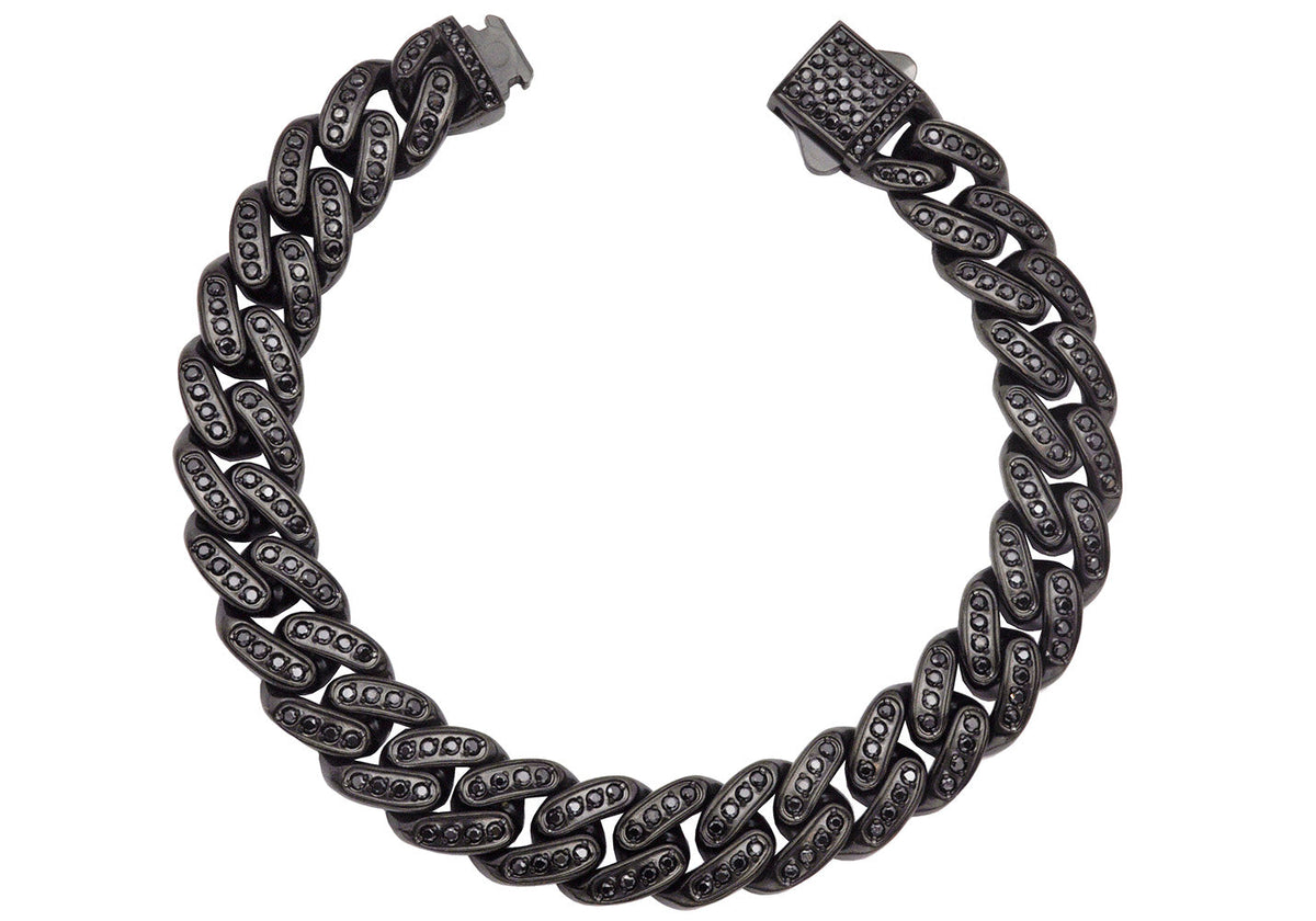 Men's 12mm Black Plated Stainless Steel Iced Out Miami Cuban Link Chain Bracelet