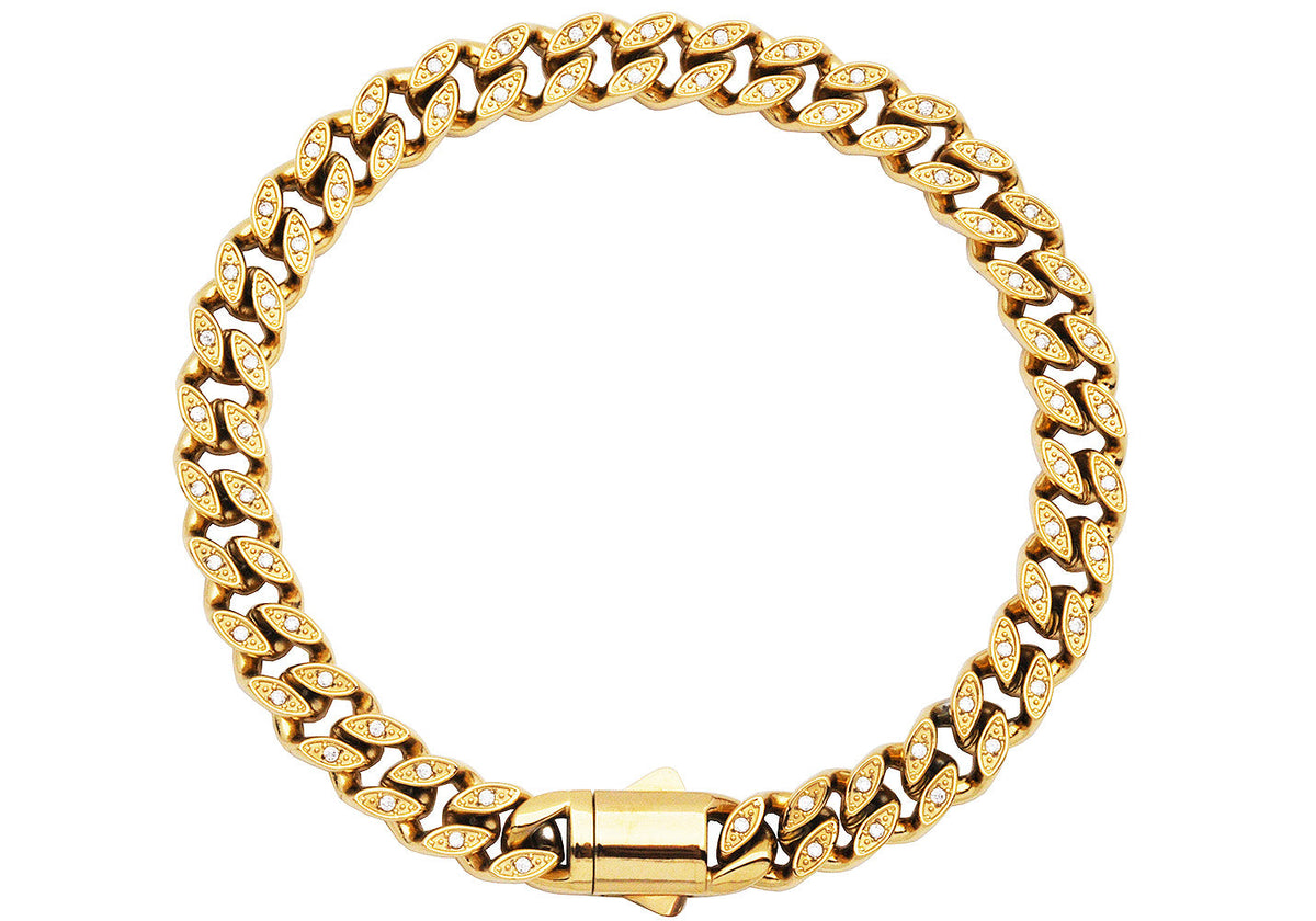 Mens 8mm Gold Plated Stainless Steel Curb Link Bracelet with Box Clasp and Cubic Zirconia
