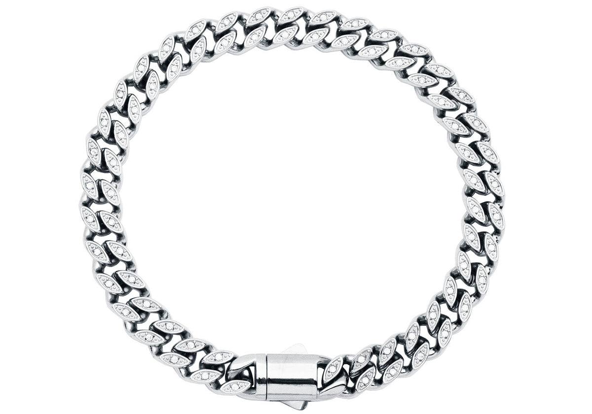 Mens 8mm Stainless Steel Curb Link Bracelet with Box Clasp and Cubic Zirconia