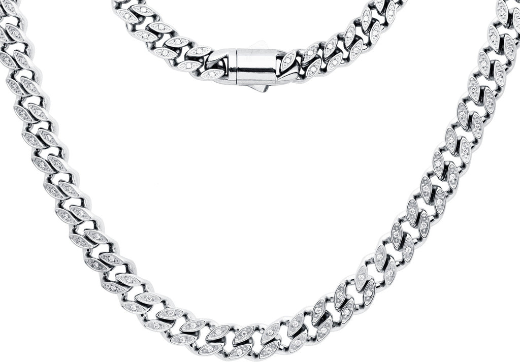 Mens 8mm Stainless Steel Cuban Link Chain Necklace With Box Clasp and Cubic Zirconia