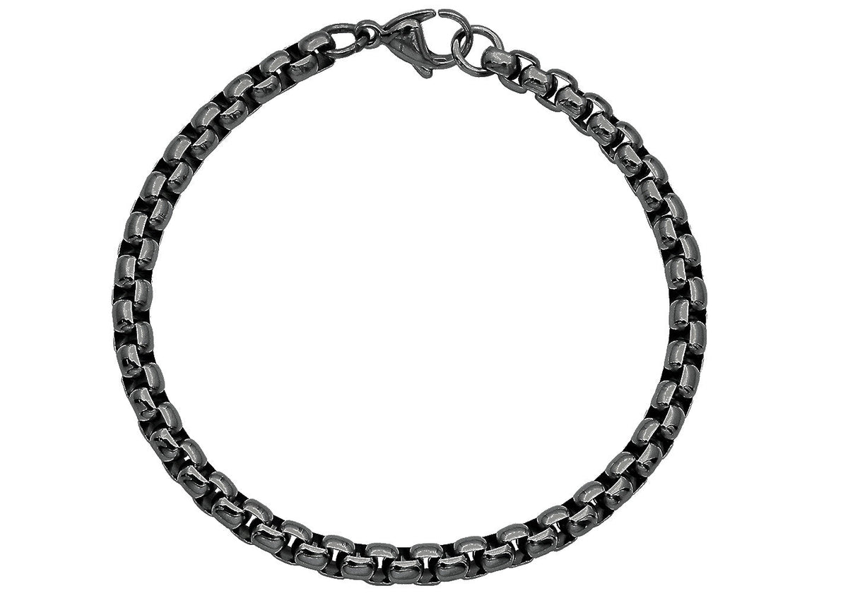 Mens 5mm Black Stainless Steel Round Box Link Chain Bracelet