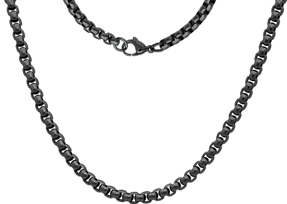 Mens 5mm Black Stainless Steel Round Box Link Chain Necklace