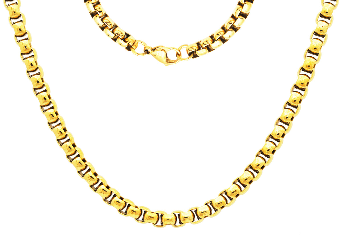 Mens 7mm Gold Plated Stainless Steel Round Box Link Chain Necklace
