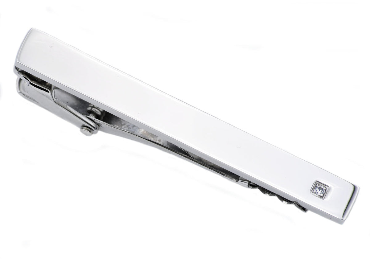 Mens Stainless Steel Tie Clip With Cubic Zirconia