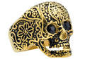 Mens Gold Stainless Steel Skull Ring With Black Cubic Zirconia