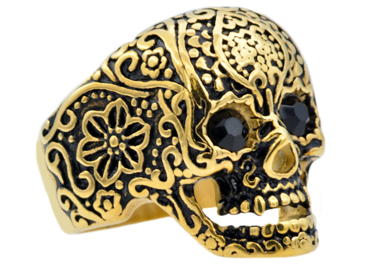 Mens Gold Stainless Steel Skull Ring With Black Cubic Zirconia