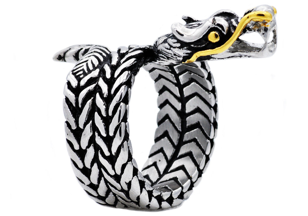 Mens Gold Stainless Steel Dragon Ring
