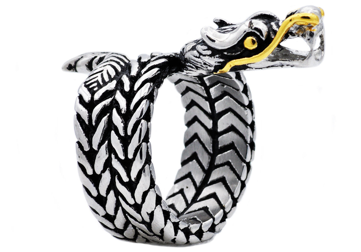 Mens Gold Stainless Steel Dragon Ring