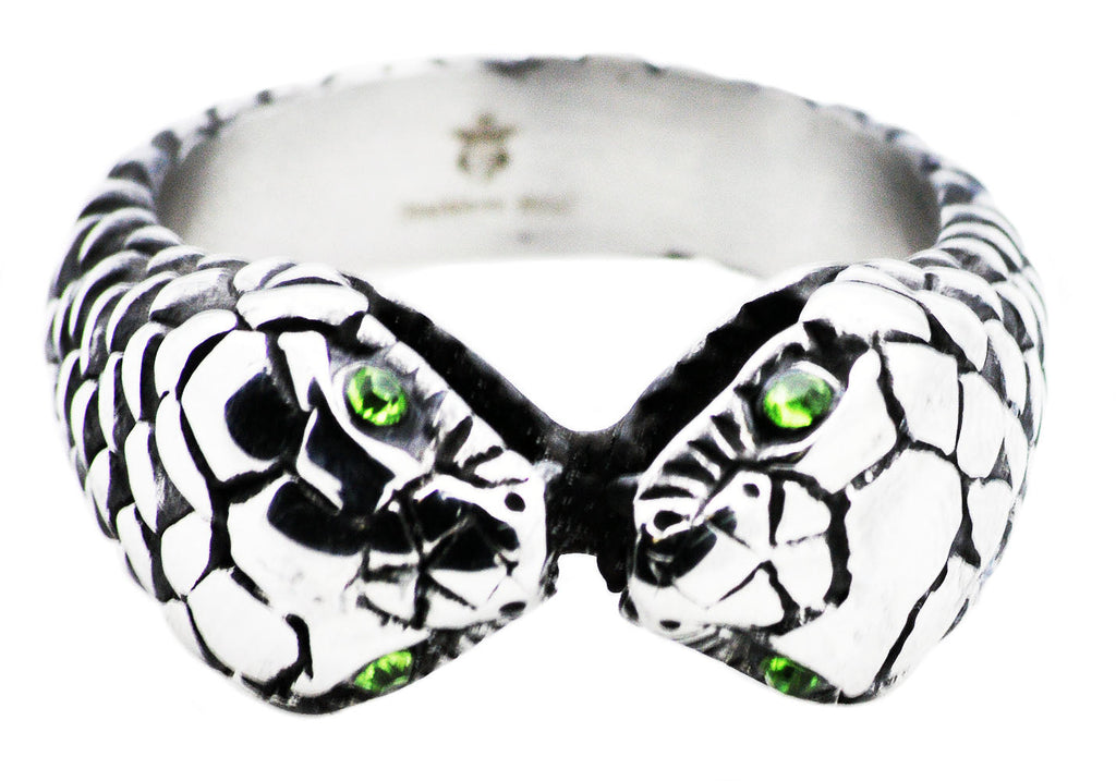 Mens Stainless Steel Snake Ring With Green Cubic Zirconia