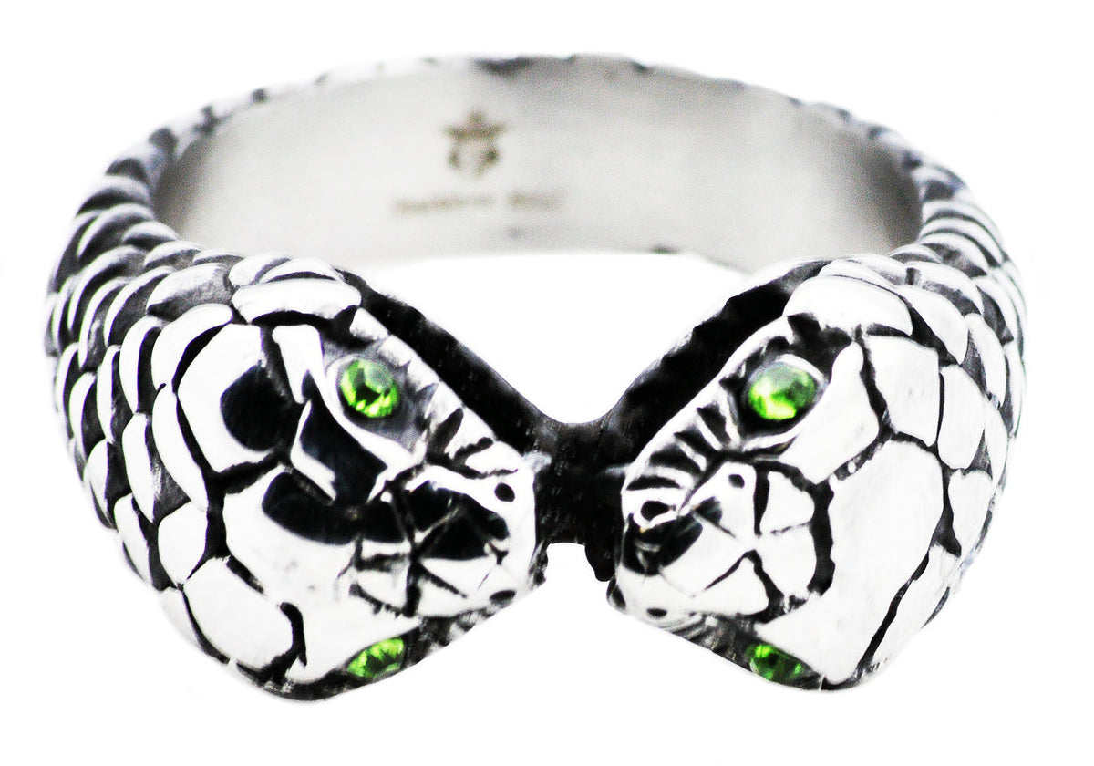 Mens Stainless Steel Snake Ring With Green Cubic Zirconia