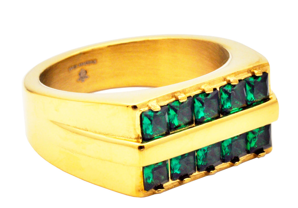 Mens Gold Stainless Steel Ring With Green Cubic Zirconia