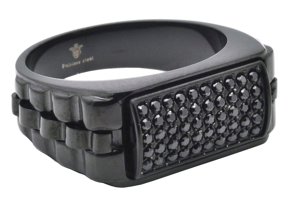 Mens Black Stainless Steel Signet Ring With Black Cubic Zirconia