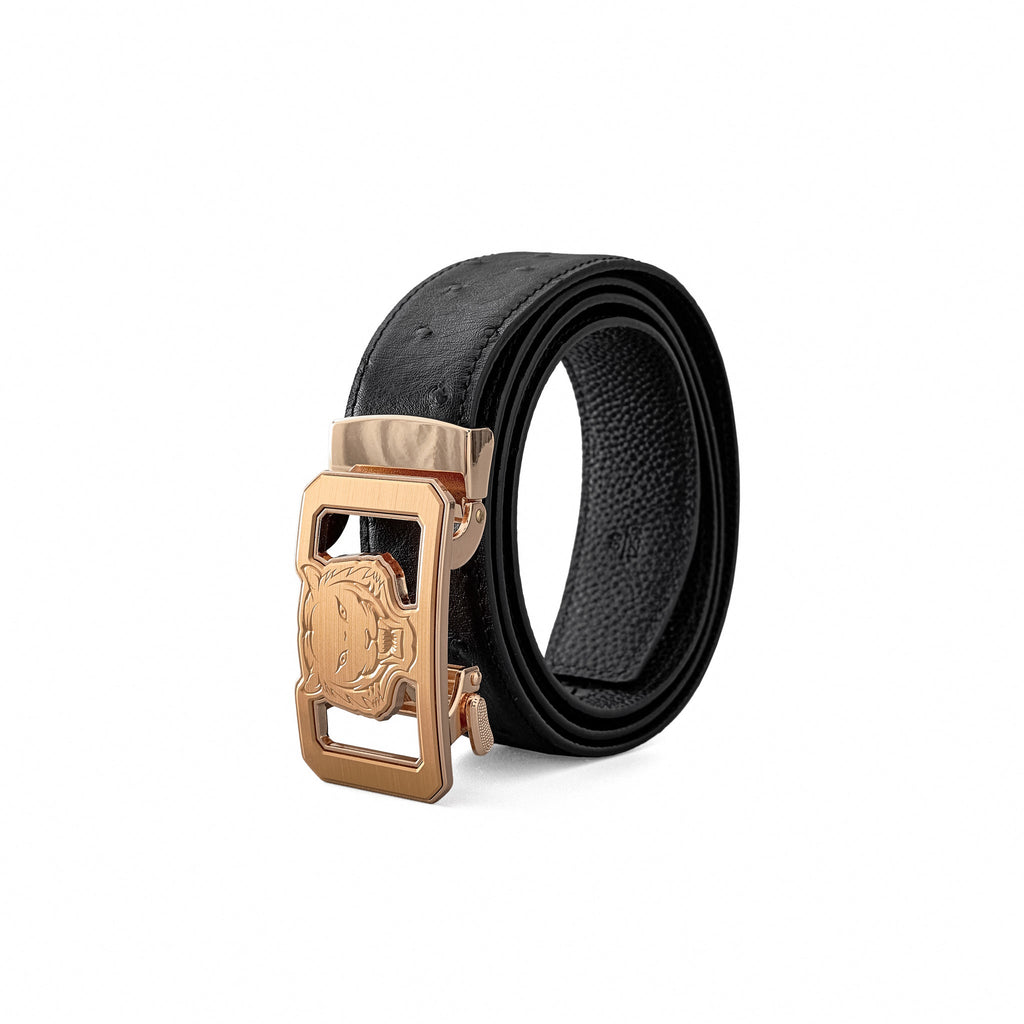 Ostrich-Emb. Leather Lion Auto BKL Belt – Gold Ed. GOLD/BLACK