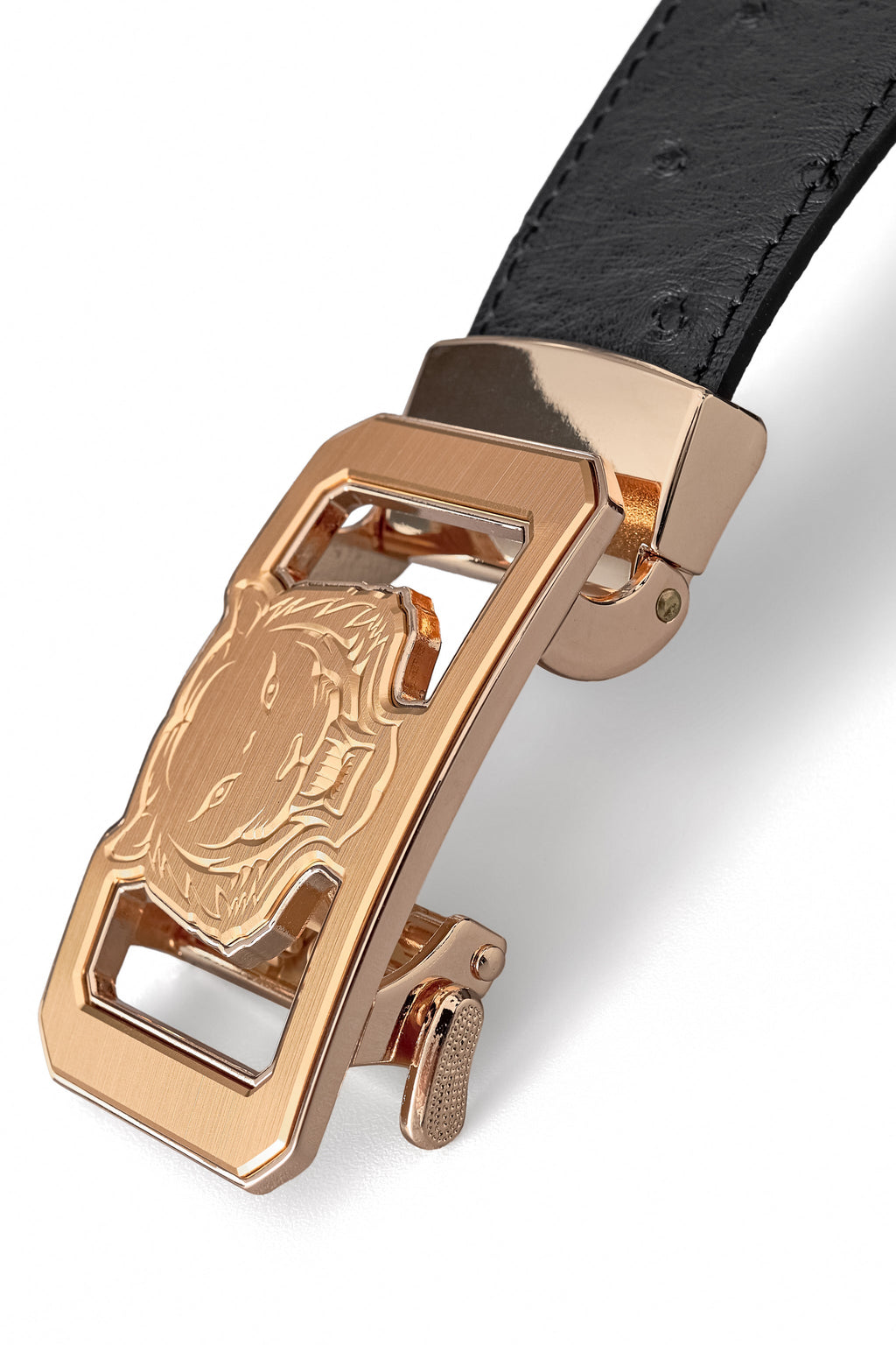 Ostrich-Emb. Leather Lion Auto BKL Belt – Gold Ed. GOLD/BLACK