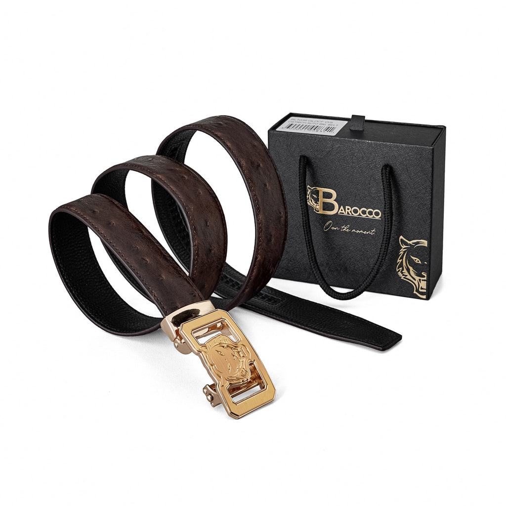 Ostrich-Emb. Leather Lion Auto BKL Belt – Gold Ed. GOLD/COFFEE