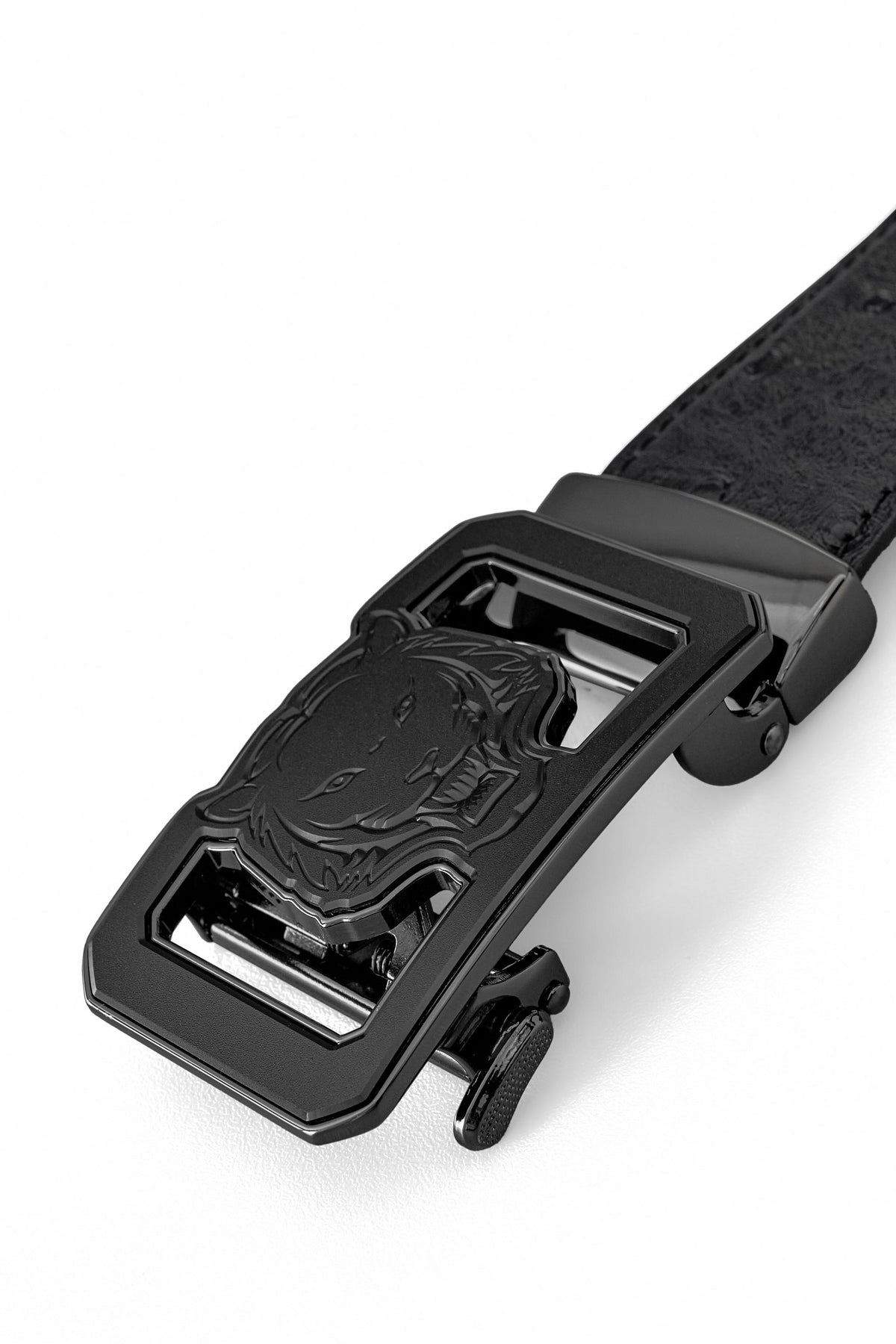 Ostrich-Emb Leather Lion Auto BKL Belt – Gunmetal GUN/BLACK