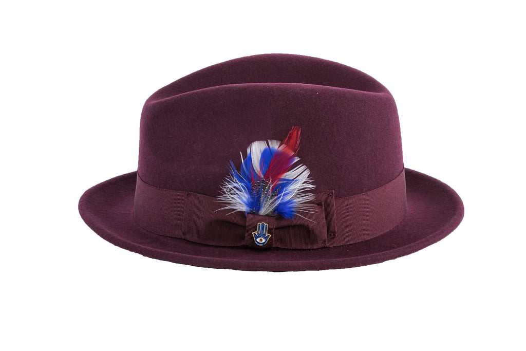 Ferrecci Brooks Trilby Soft 100% Australian Wool Felt Body with Removable Feather burgundy hat Great for Travel