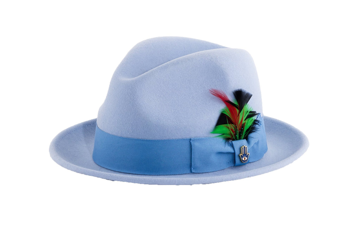 Ferrecci Brooks Trilby Soft 100% Australian Wool Felt Body with Removable Feather sky blue hat Great for Travel