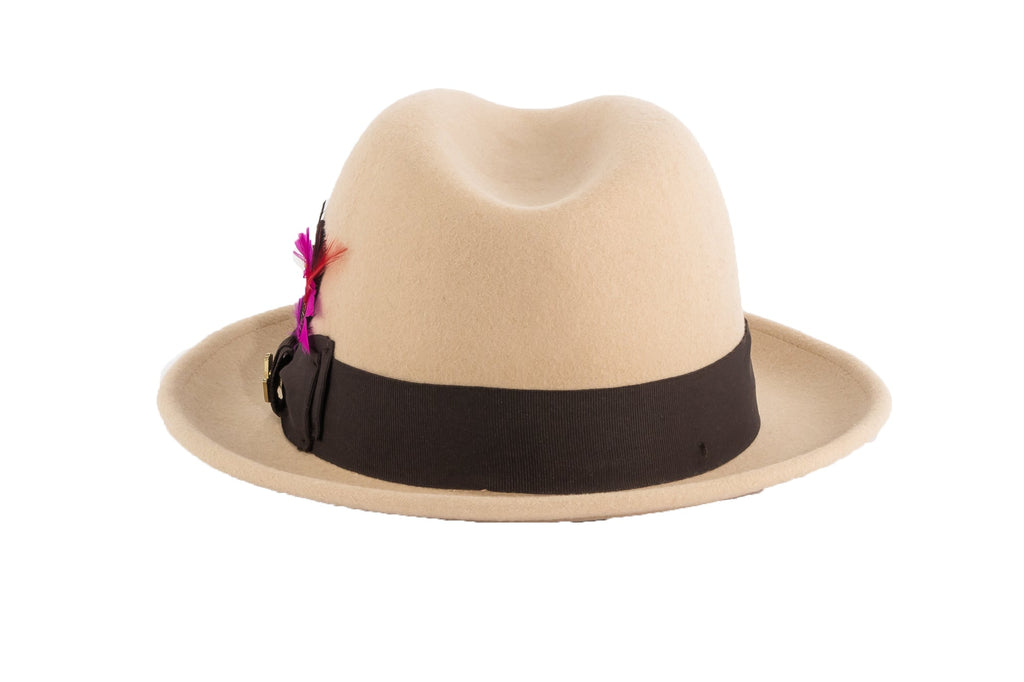 Ferrecci Brooks Trilby Soft 100% Australian Wool Felt Body with Removable Feather Tan Brown Hat
