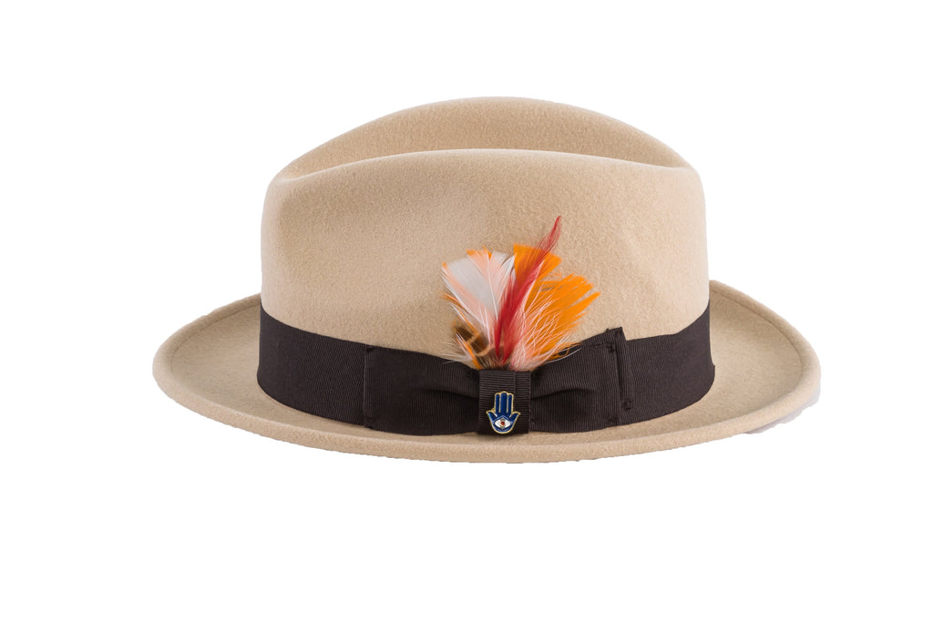 Ferrecci Brooks Trilby Soft 100% Australian Wool Felt Body with Removable Feather Tan Brown Hat