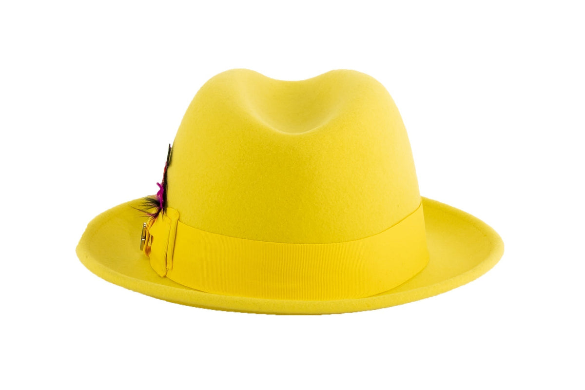 Ferrecci Brooks Trilby Soft 100% Australian Wool Felt Body with Removable Feather yellow hat Great for Travel