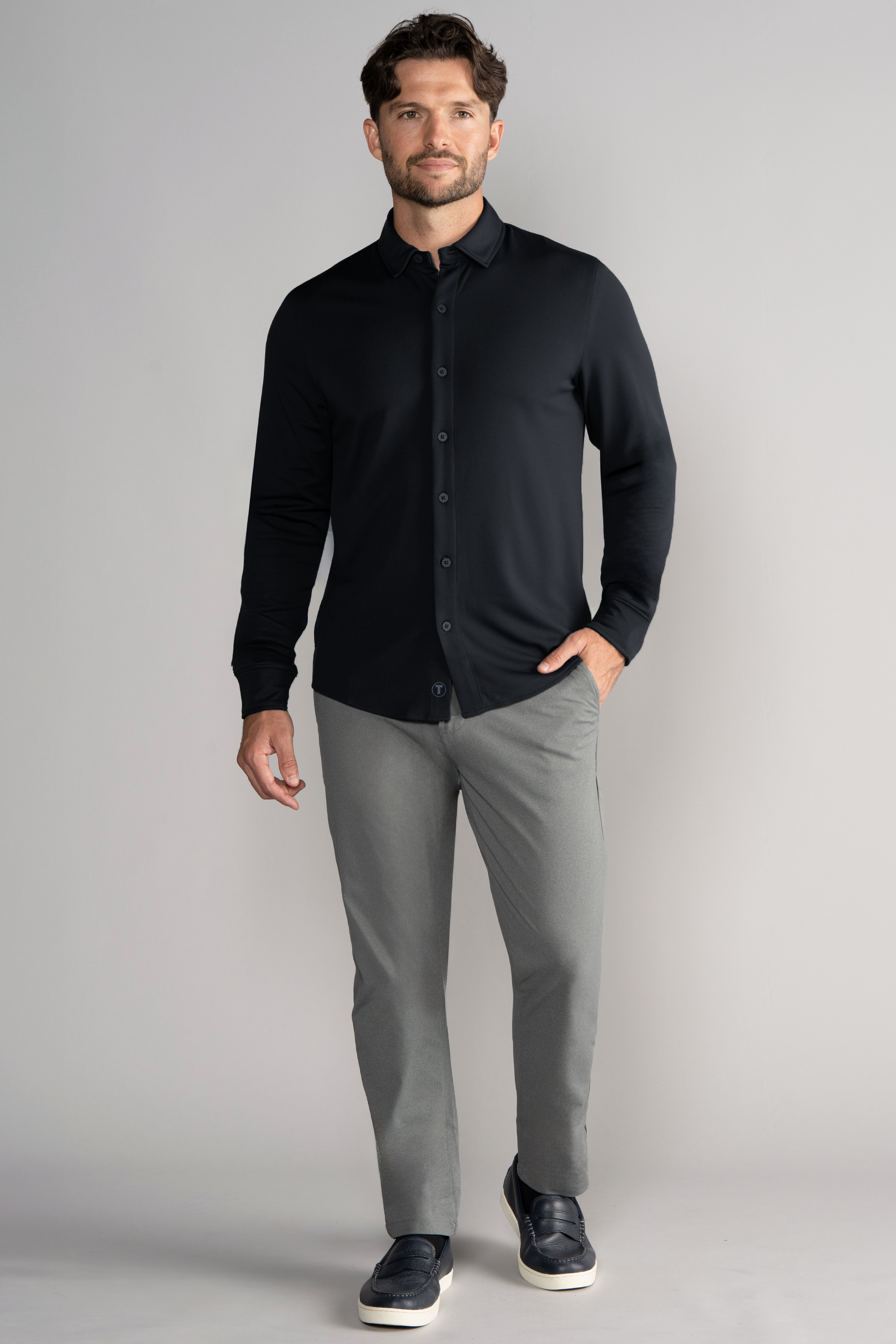 Long Sleeve Button Down Polo Solid // Black