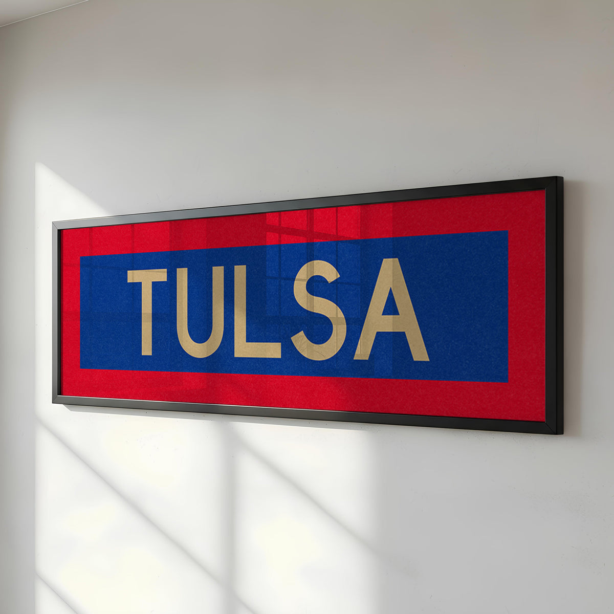 Framed Tulsa Red Blue and Gold Bus Scroll