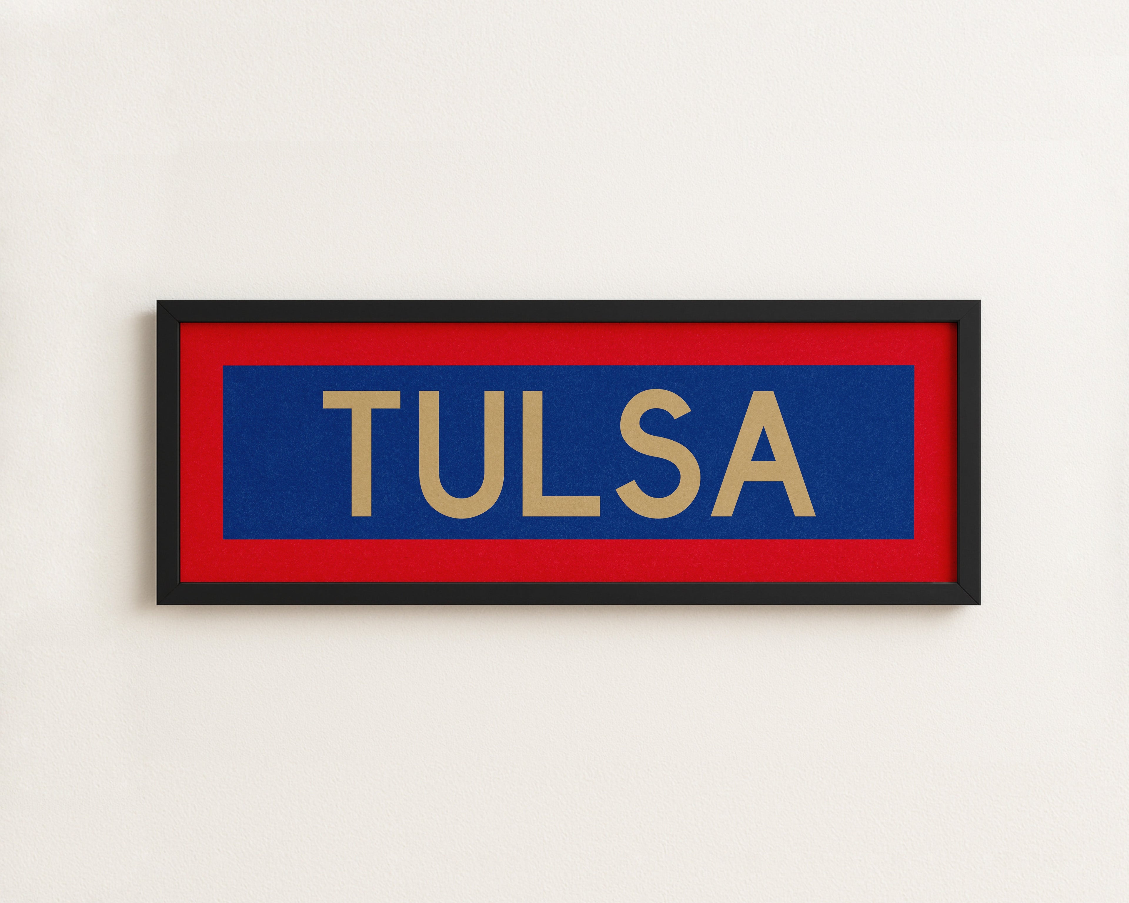 Framed Tulsa Red Blue and Gold Bus Scroll