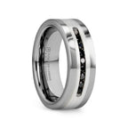 BLACKSTONE Flat Tungsten Wedding Band with Brushed Silver Inlay Center and 9 Channel Set Black Diamonds - 8mm