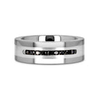 BLACKSTONE Flat Tungsten Wedding Band with Brushed Silver Inlay Center and 9 Channel Set Black Diamonds - 8mm
