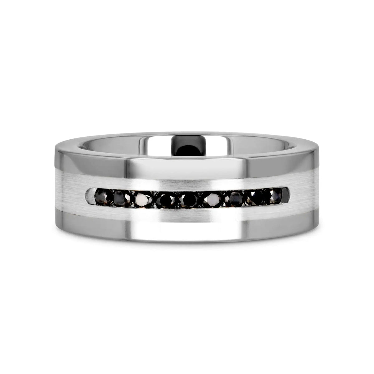 BLACKSTONE Flat Tungsten Wedding Band with Brushed Silver Inlay Center and 9 Channel Set Black Diamonds - 8mm