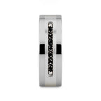 BLACKSTONE Flat Tungsten Wedding Band with Brushed Silver Inlay Center and 9 Channel Set Black Diamonds - 8mm