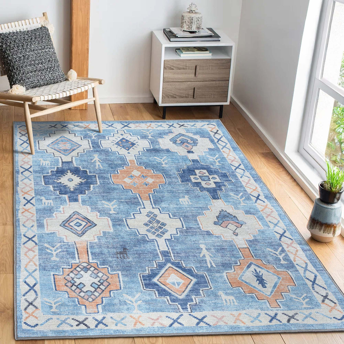 Blue Boho Oushak Washable Rug
