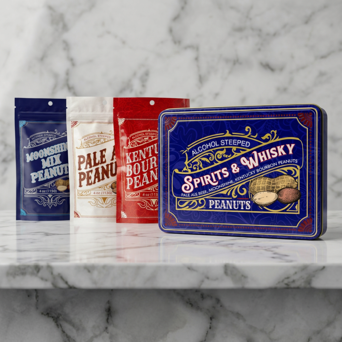 Spirits & Whisky Peanuts – 3 Gourmet Flavors 12oz Tin