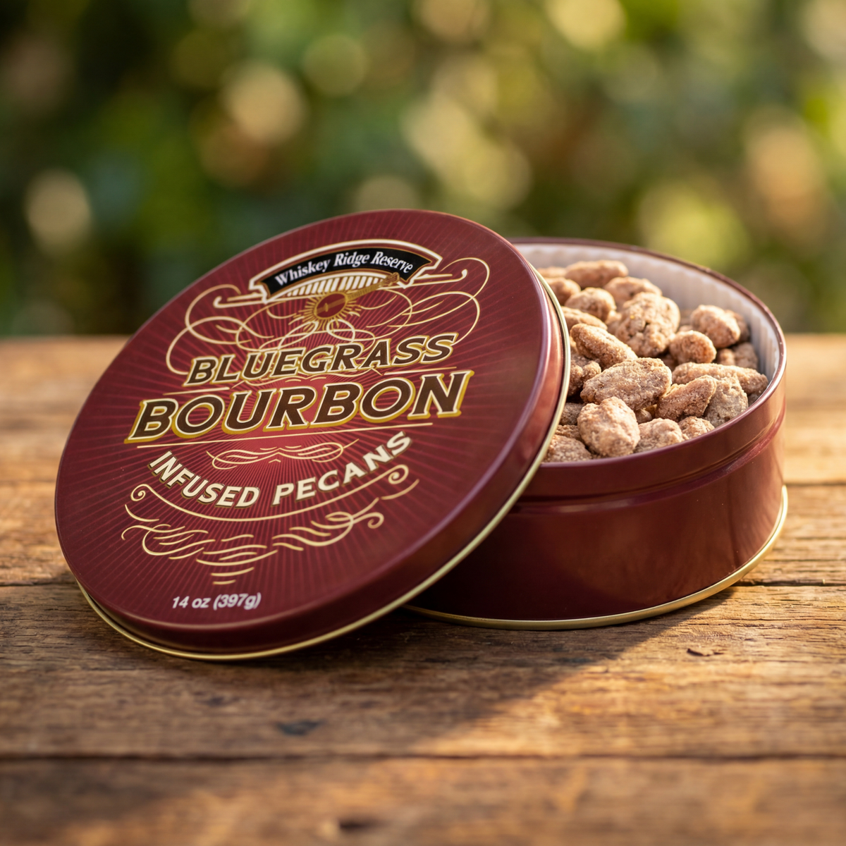 Whiskey Ridge Reserve Bourbon Infused Pecans – 14 Oz Tin