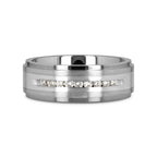 BOND Flat Brushed Silver Inlaid Titanium Men's Wedding Band With 9 Channel Set White Diamonds - 8mm