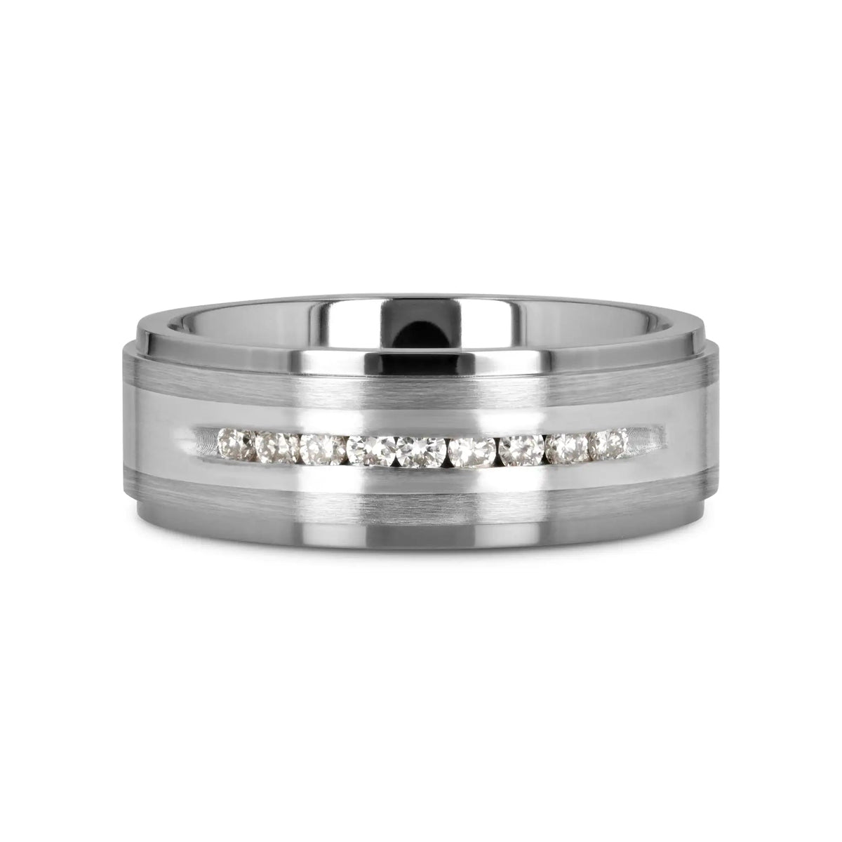 BOND Flat Brushed Silver Inlaid Titanium Men's Wedding Band With 9 Channel Set White Diamonds - 8mm