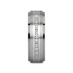 BOND Flat Brushed Silver Inlaid Titanium Men's Wedding Band With 9 Channel Set White Diamonds - 8mm