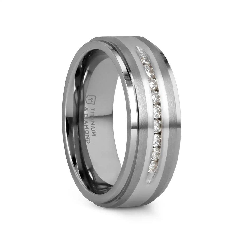 BOND Flat Brushed Silver Inlaid Titanium Men's Wedding Band With 9 Channel Set White Diamonds - 8mm
