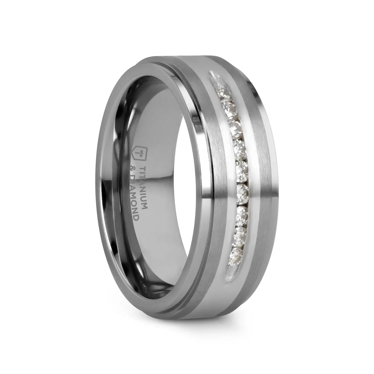 BOND Flat Brushed Silver Inlaid Titanium Men's Wedding Band With 9 Channel Set White Diamonds - 8mm